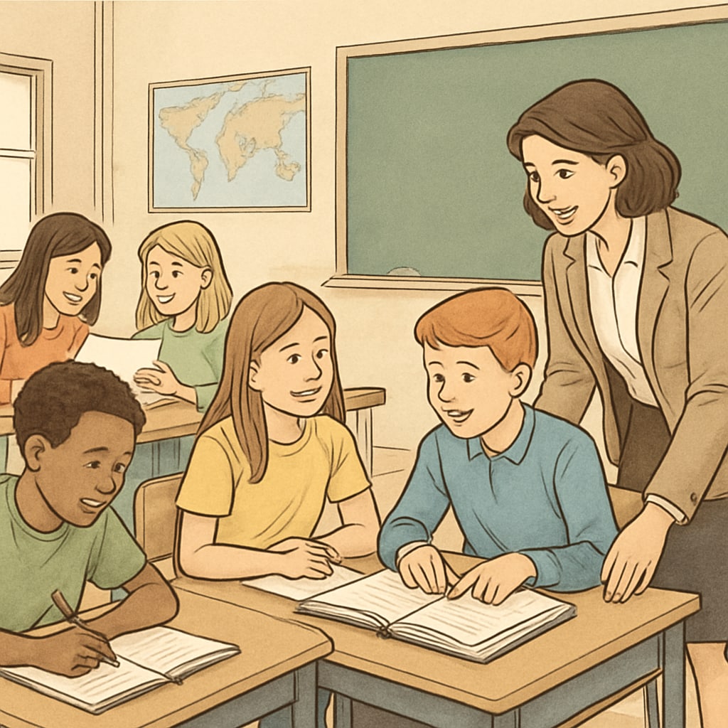 A classroom setting with students actively participating in group learning. The image highlights the role of student-teacher interaction in education quality. Classroom with active student-teacher engagement