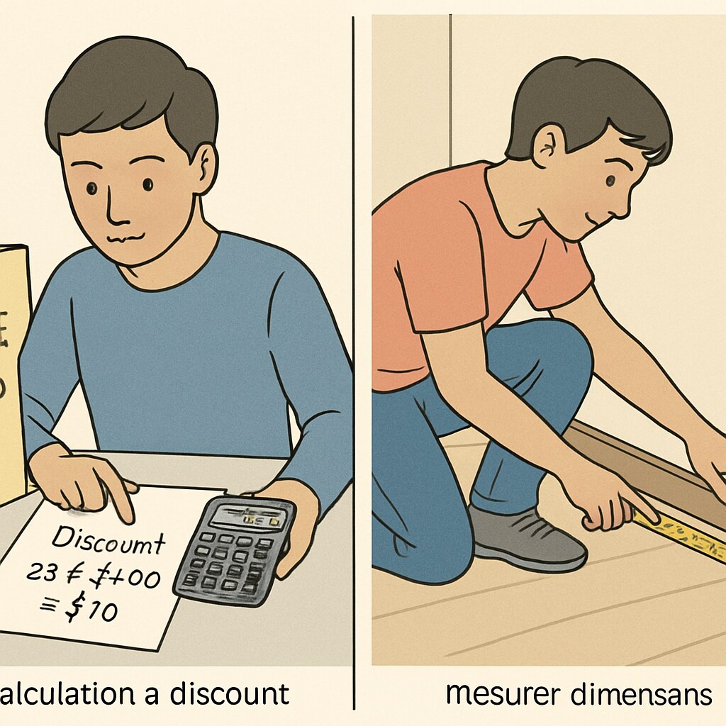 A person calculating a shopping discount or measuring dimensions for home improvement projects, emphasizing real-life applications of math. Practical math applications like budgeting or measuring dimensions.