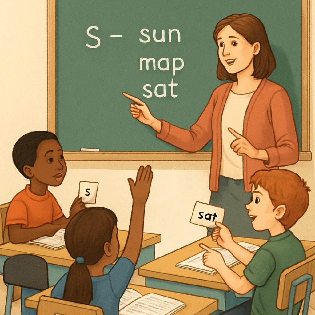 A classroom setting where students are engaging in phonics-based reading activities, such as learning letter sounds and decoding simple words. Students practicing phonics-based reading in a classroom setting