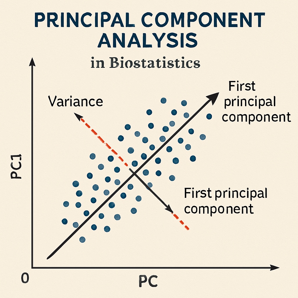 A detailed graph or chart created using Linear Algebra concepts, such as Principal Component Analysis in biostatistics. A graph showing Principal Component Analysis applied to biostatistics data using Linear Algebra.