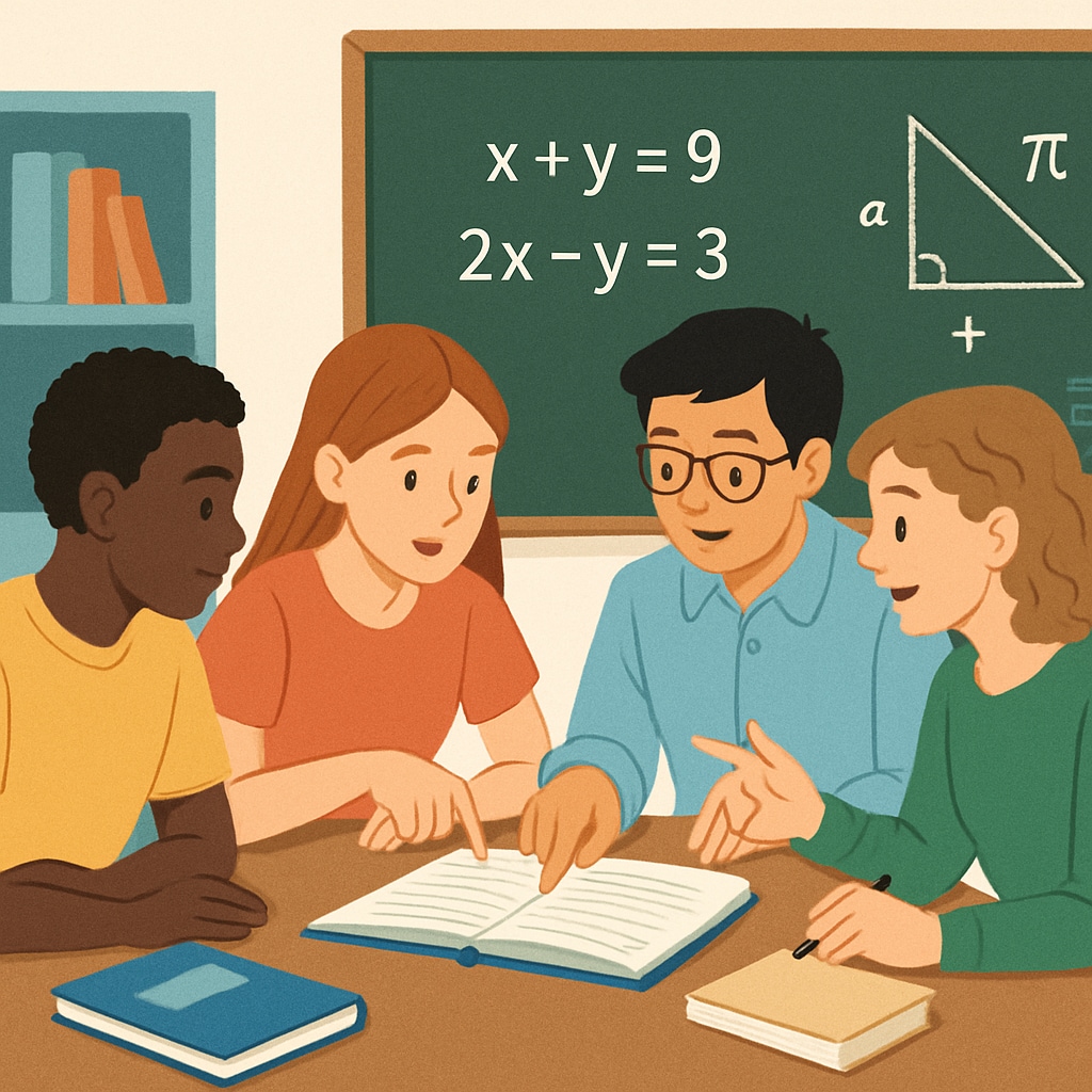 A group of students collaborating to solve a challenging math problem, representing teamwork and critical thinking. Students solving math problems collaboratively to enhance critical thinking.
