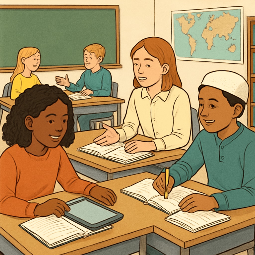 A classroom with students working collaboratively, symbolizing inclusive education. Students working collaboratively in a classroom, promoting equal opportunities without labels.