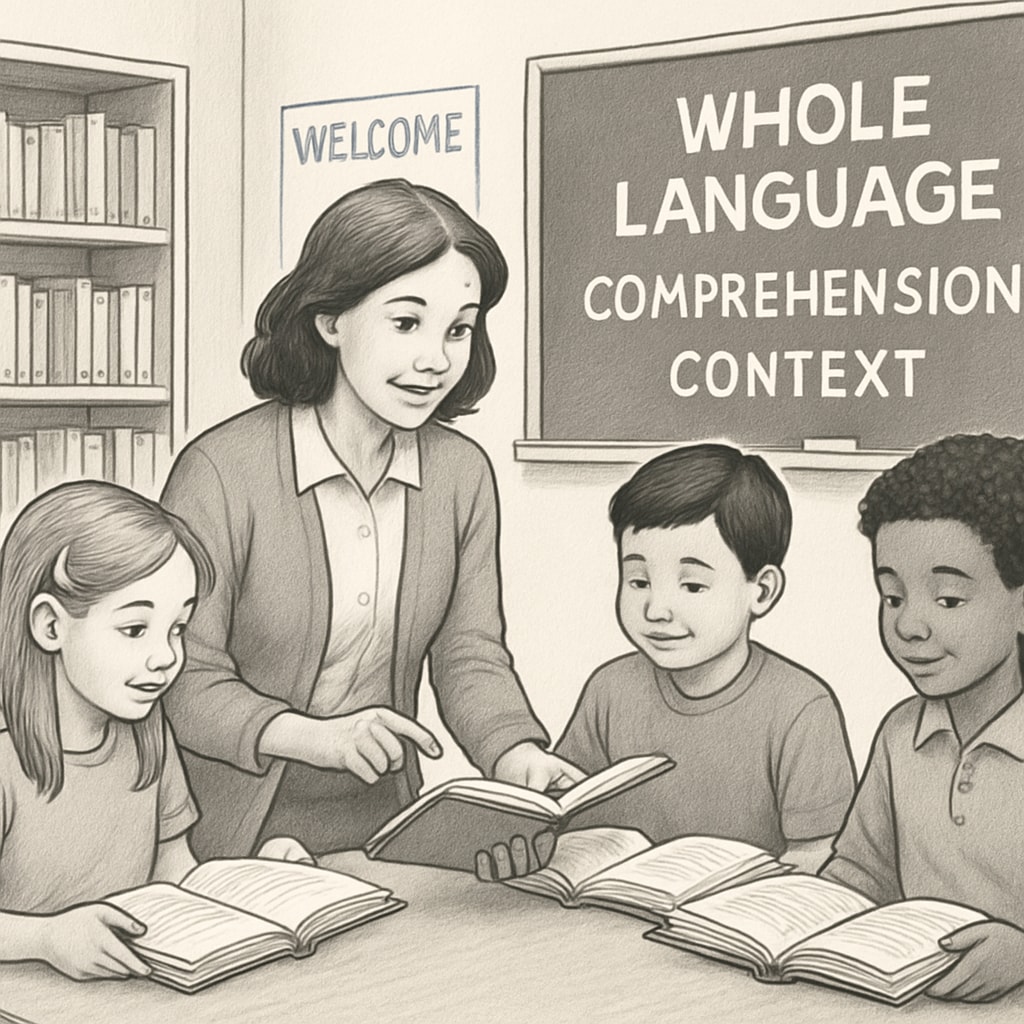 A teacher helping students read books in a whole language classroom setting, emphasizing comprehension and context. Teacher guiding students in a whole language reading activity