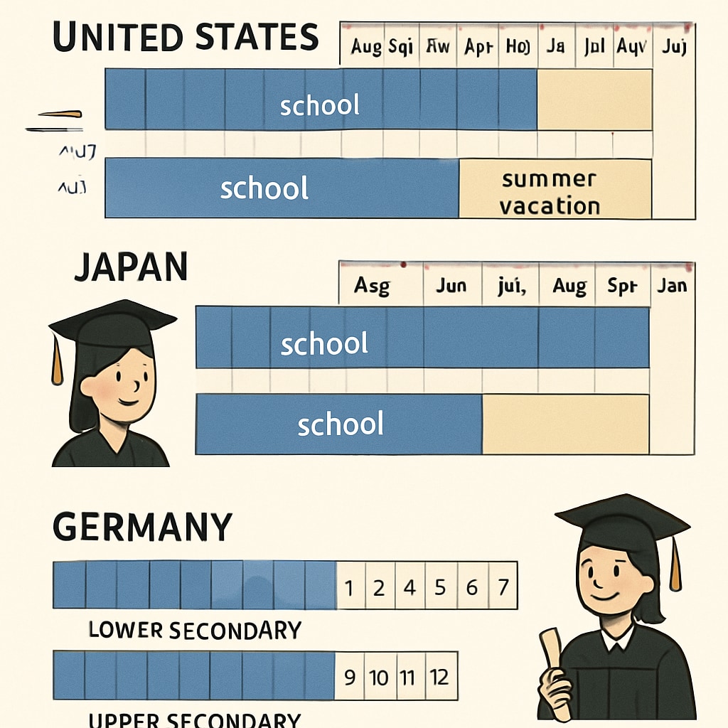 A visual comparison of academic year structures across different countries, highlighting differences in school durations and graduation systems. Comparisons of academic year structures across multiple countries affecting student mobility.