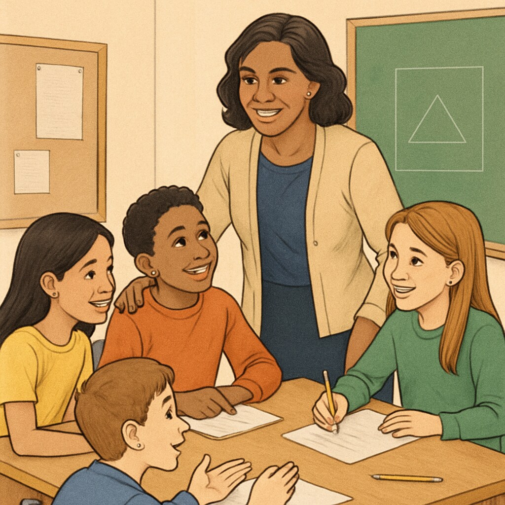 A teacher encouraging students during a group activity, promoting teamwork and growth mindset. A teacher fostering teamwork among students, illustrating the benefits of a growth mindset in education.