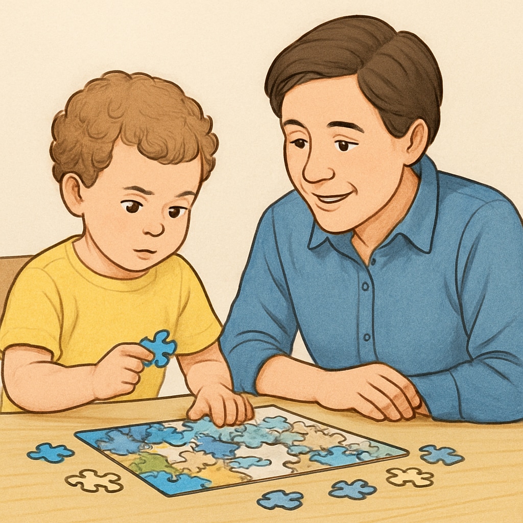 A young child working on a puzzle with the assistance of a parent, highlighting executive function skills such as problem-solving and focus. Child practicing executive function skills such as focus and problem-solving with a parent.