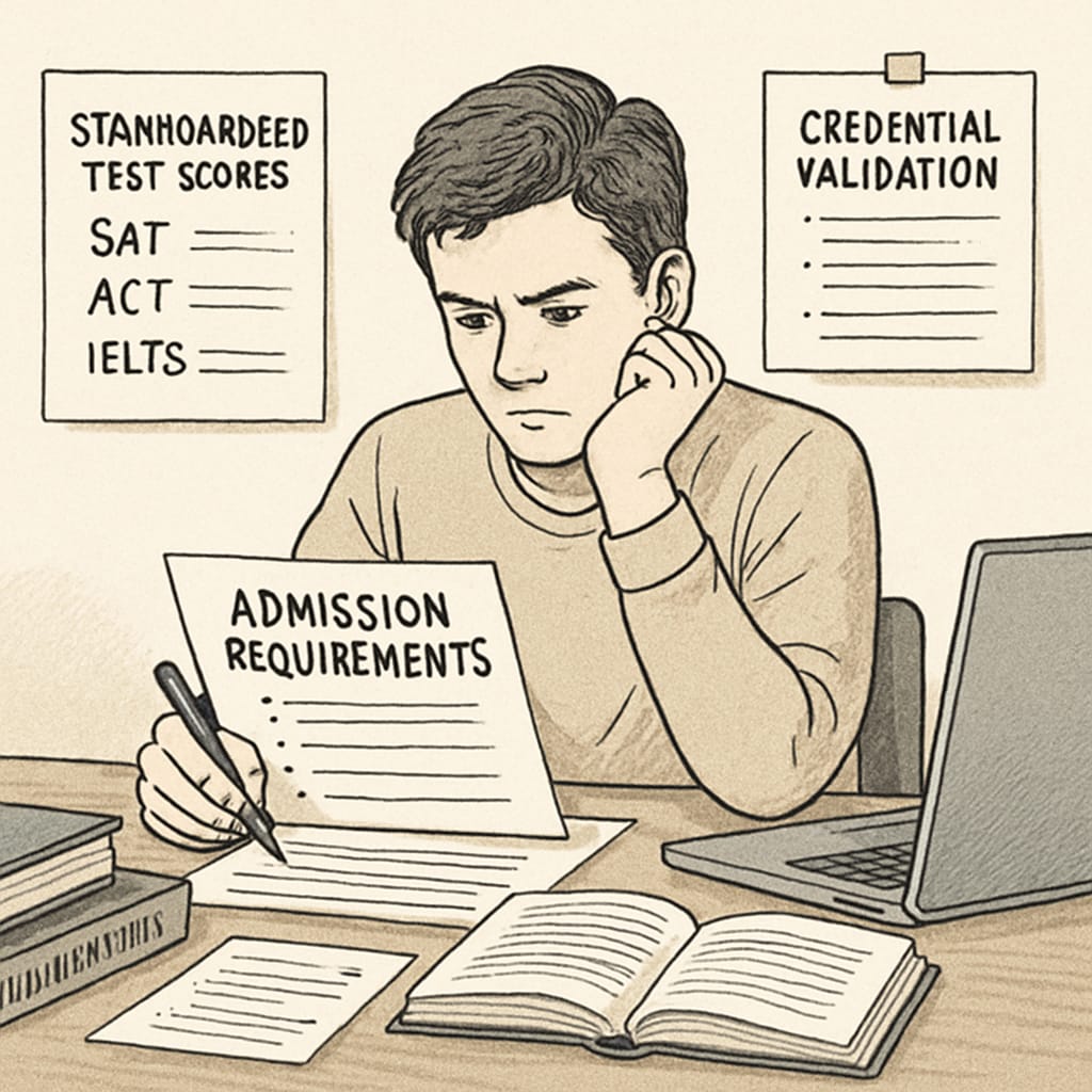 A student reviewing admission requirements for international universities, with notes on standardized test scores and credential validation. International student reviewing university admission requirements and assessments.