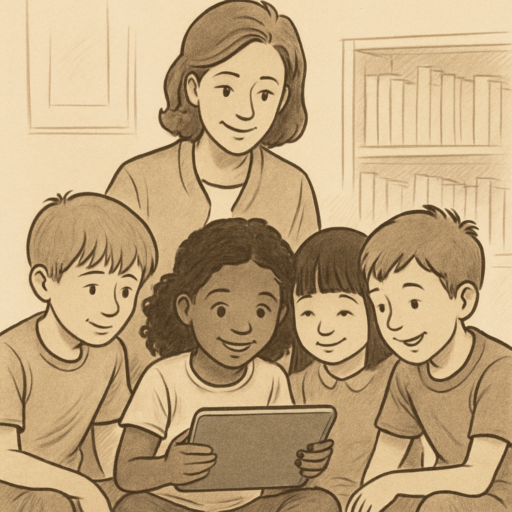 A group of children using a tablet to read stories, with a parent supervising. Children reading stories on a tablet with a parent, illustrating the use of a reading app.