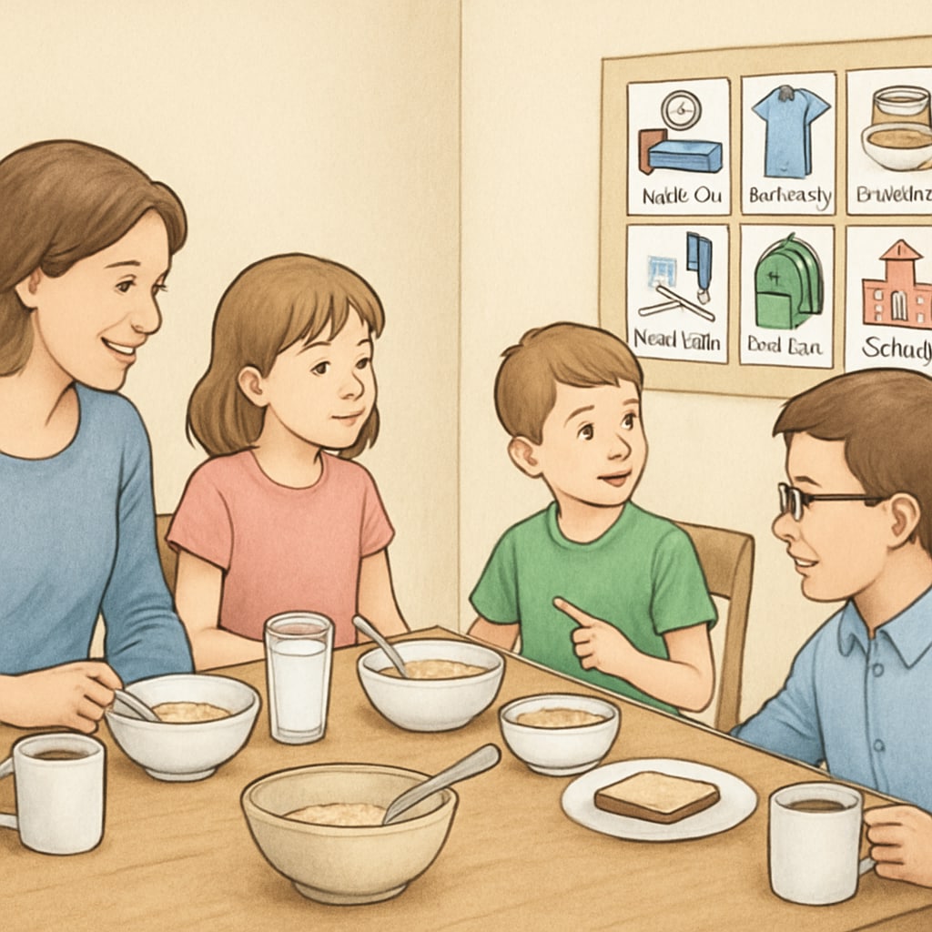 A family using a visual schedule during breakfast time, showcasing structured routines as a tool for executive function development. Family using a visual schedule to support executive function in a child with ADHD.
