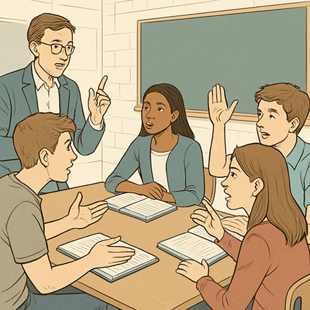 A student-focused classroom discussion, emphasizing critical thinking and debate. Students engaging in a classroom debate to develop critical thinking.
