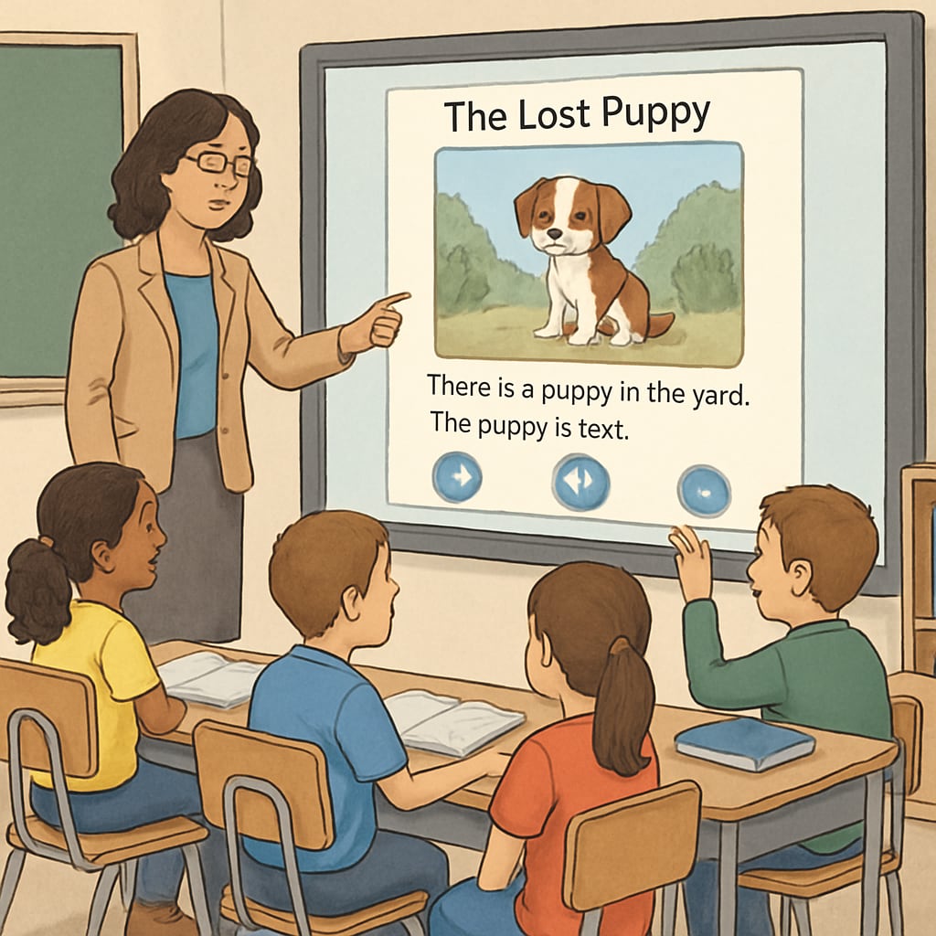 A teacher and students sitting in a classroom, exploring an interactive reading app on a smartboard. A classroom setting where a teacher and students explore a reading app, showcasing educational use.