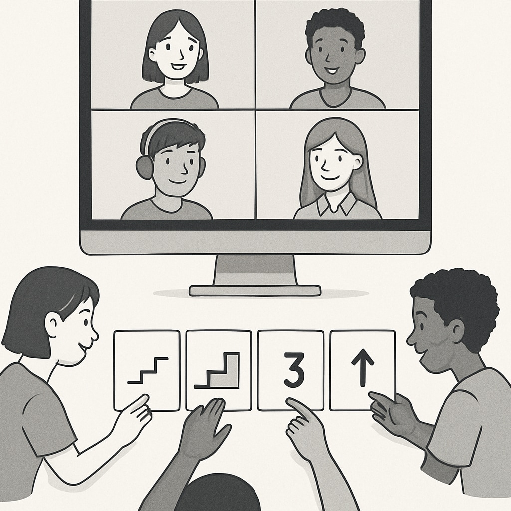 Students participating in Zoom teaching activity to arrange card sequences.