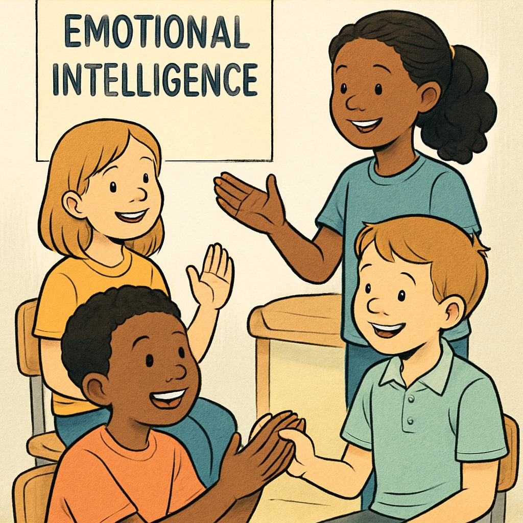 A group of children engaged in an emotional intelligence workshop, smiling and interacting with each other. Children participating in an emotional education activity, fostering emotional control and child development.