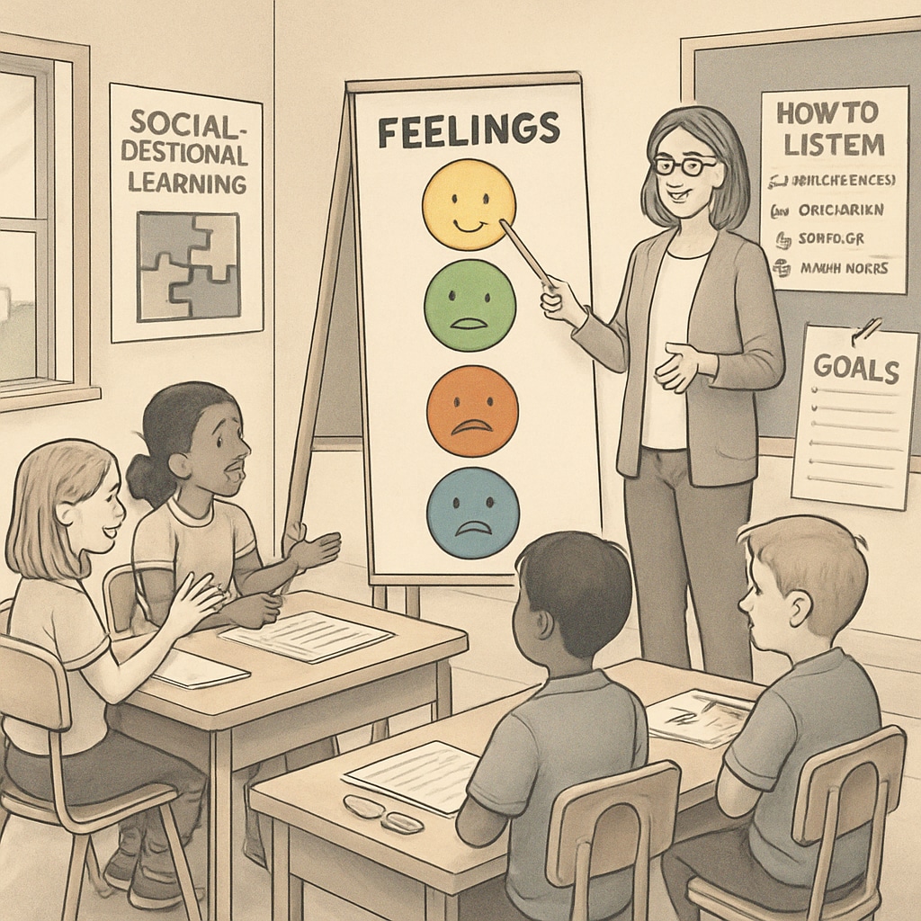 A teacher presenting a social-emotional learning lesson to elementary school students, using visual aids and interactive activities. A teacher conducting a social-emotional learning session, focused on emotional education and child development.