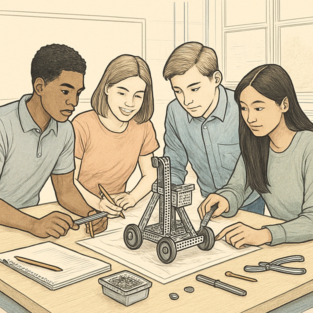 Students working together on an engineering project, representing design thinking in K12 education.