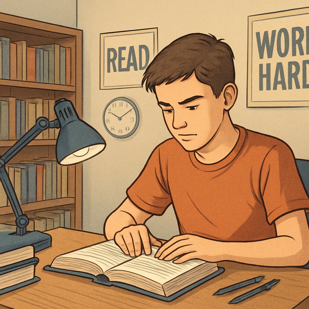 A teen reading a book in a cozy study environment, emphasizing motivation and mindset. Teen studying in a calm environment, reflecting on growth mindset and study efficiency.