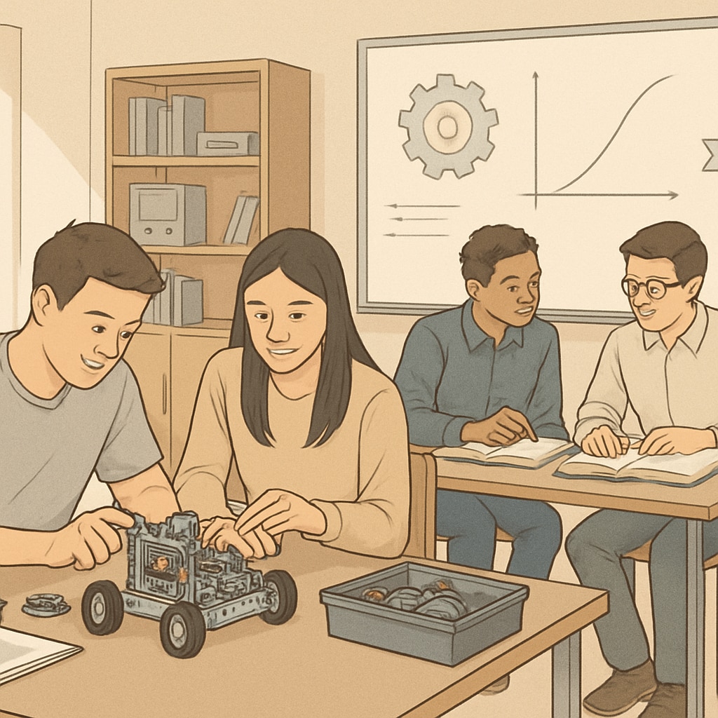 A classroom featuring students engaged in both hands-on technical projects and academic discussions. The image highlights students working collaboratively on a robotics project while another group discusses theoretical concepts. Students in a classroom combining technical projects with traditional academics.