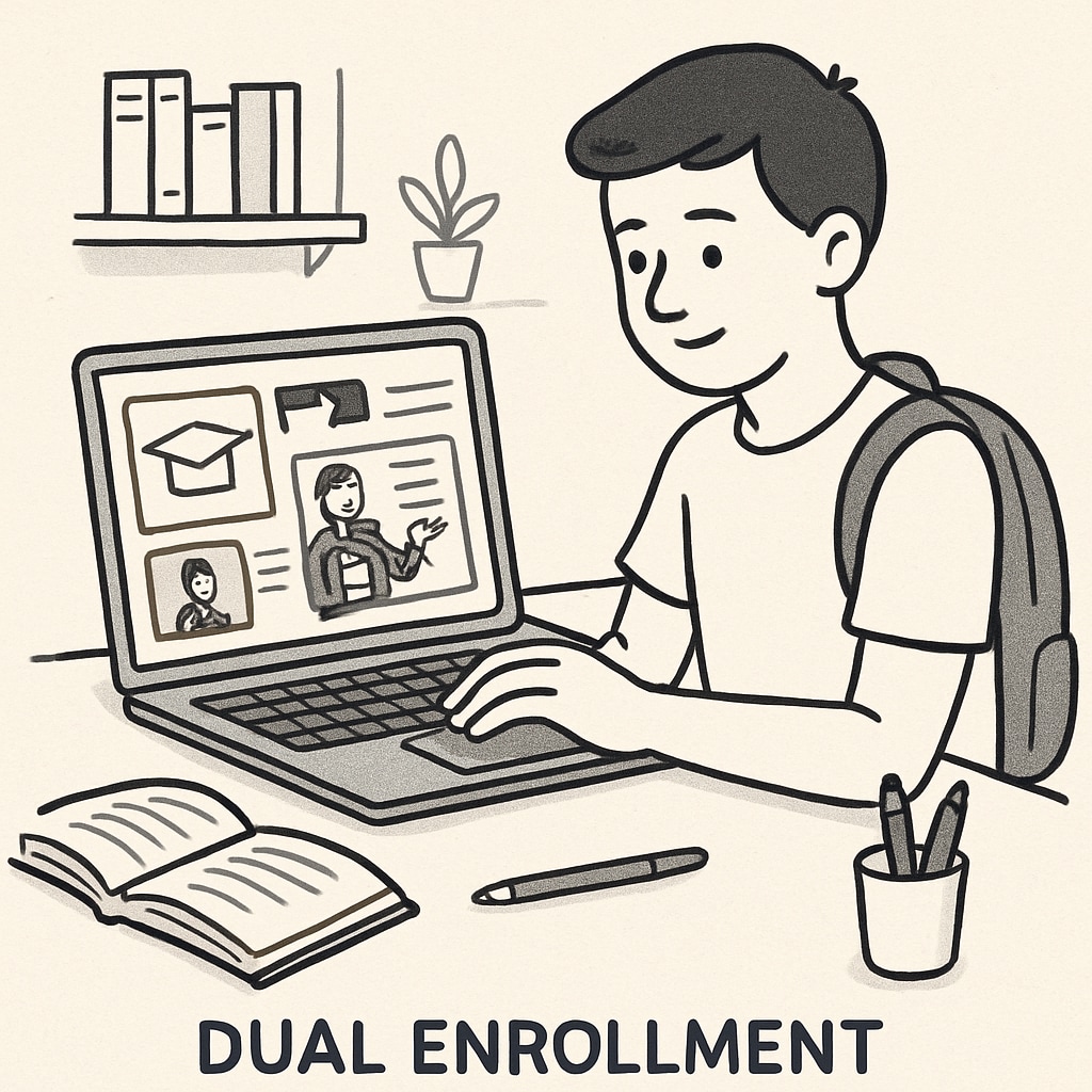 A student engaging with online learning materials, representing the dual enrollment concept. Student studying online in the Khan World School and ASU dual enrollment program.