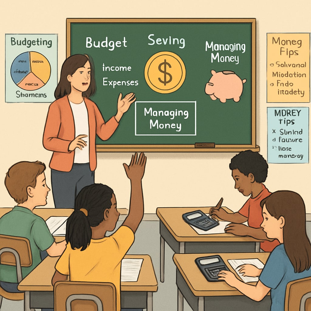 Students in a classroom learning about financial education, budgeting, and saving.