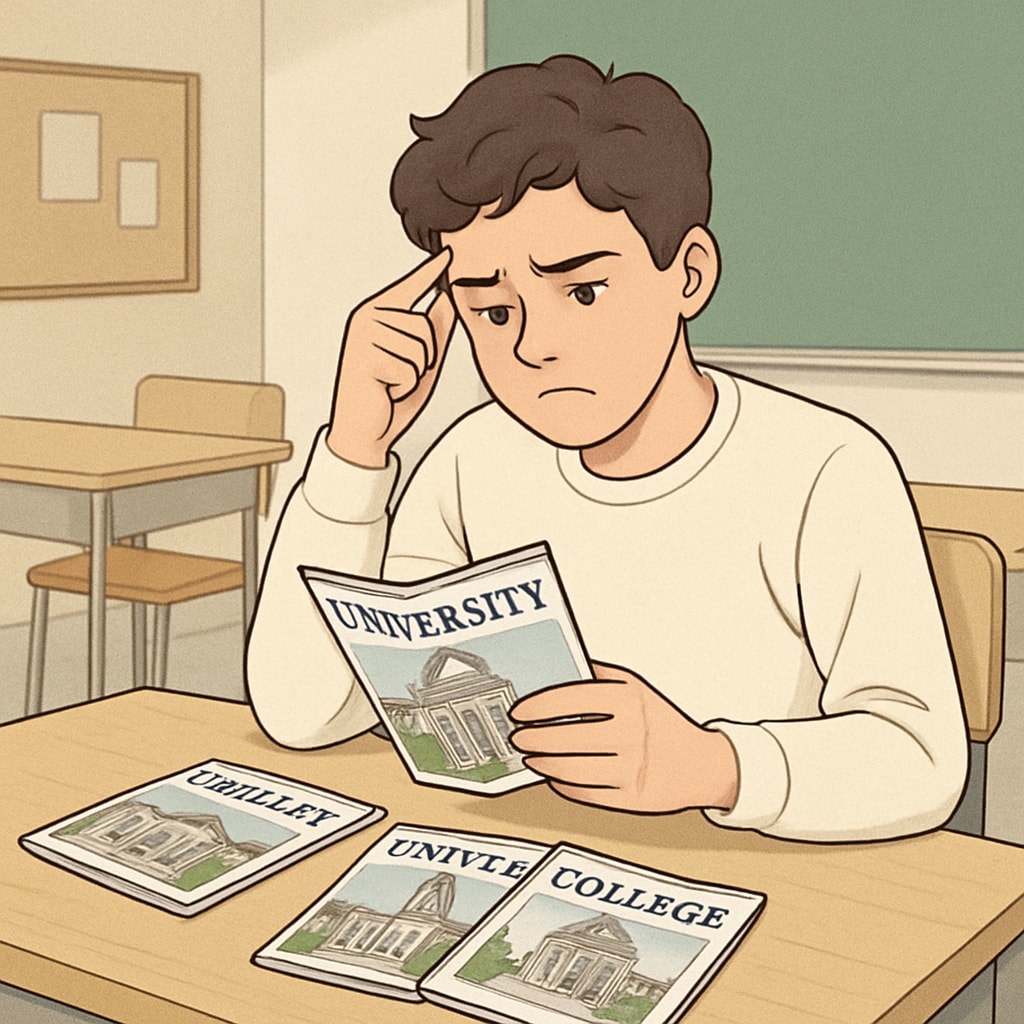 A high school student sitting at a desk, looking confused while reviewing university brochures. The image reflects the challenges of freshmen navigating university applications. High school student reviewing university brochures, appearing confused about applications.