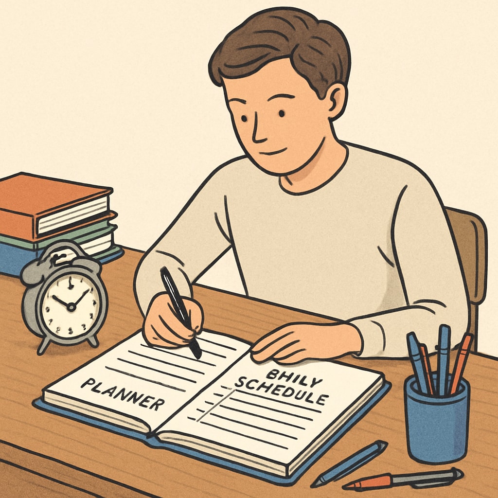 A student writing in a planner as part of a time management lesson.