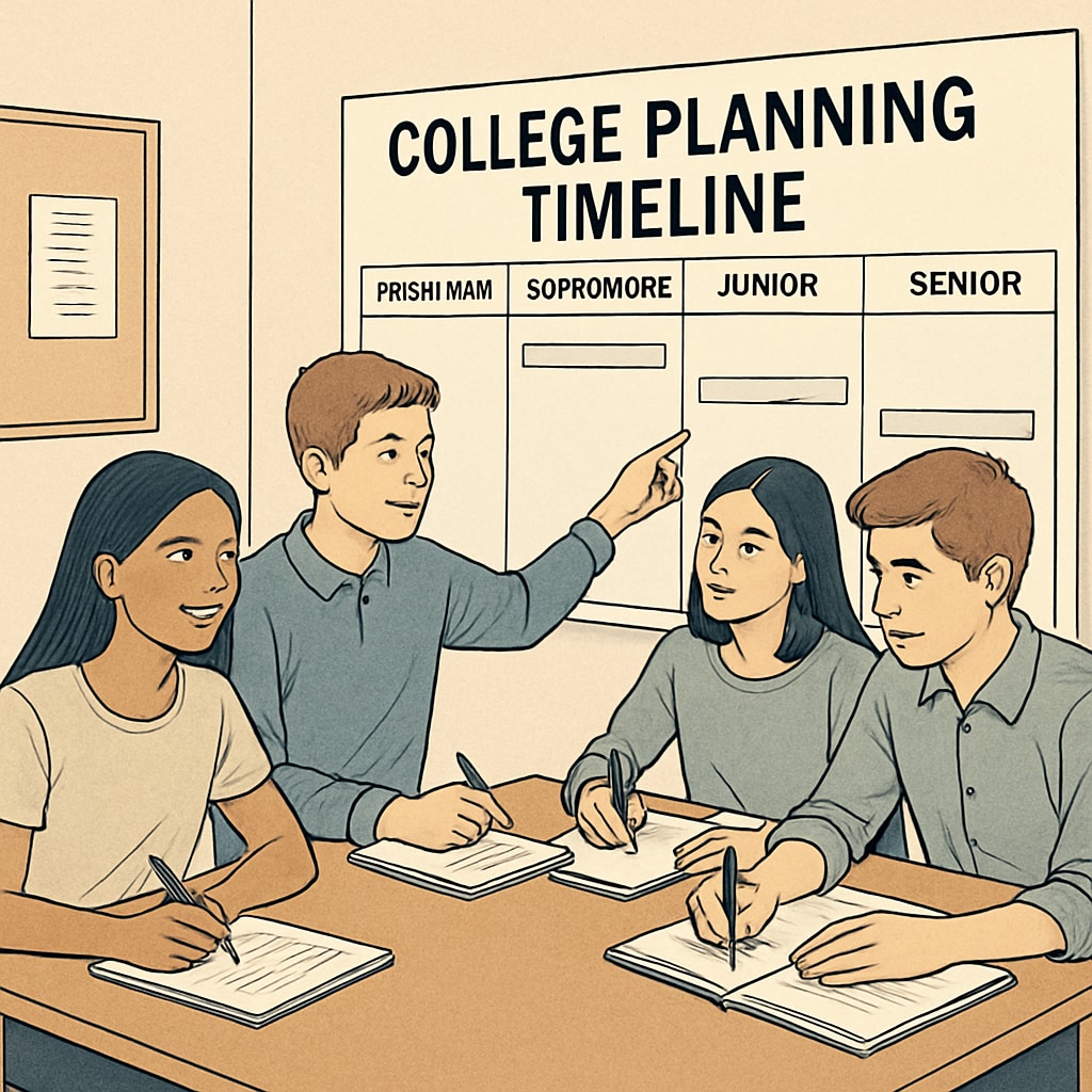A group of high school students working together on a college planning timeline. The image highlights the importance of collaboration and early preparation. High school students collaborating on a university planning timeline.