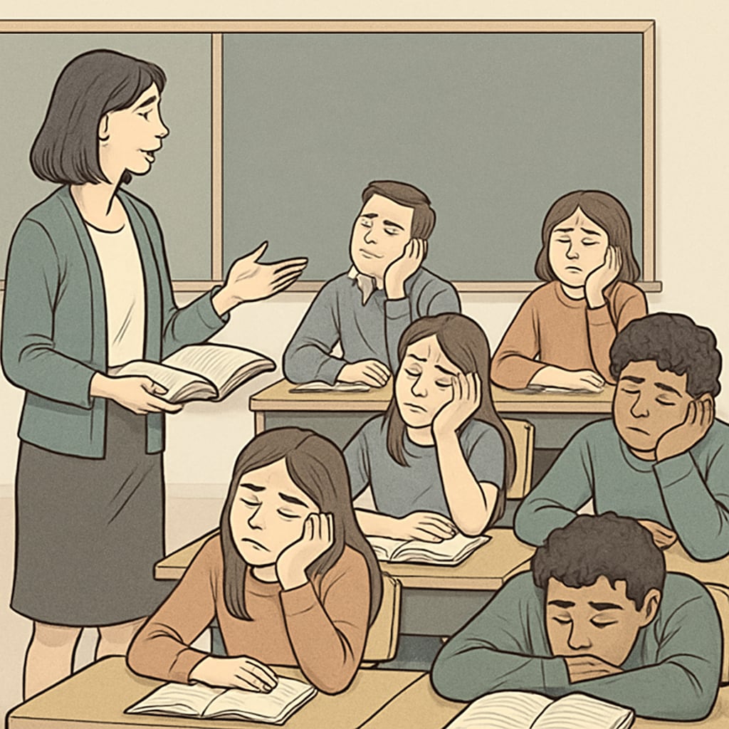 A teacher lecturing in a classroom where students appear disengaged, symbolizing the universal challenge of student boredom. Students looking disengaged in a classroom setting, highlighting global education issues.