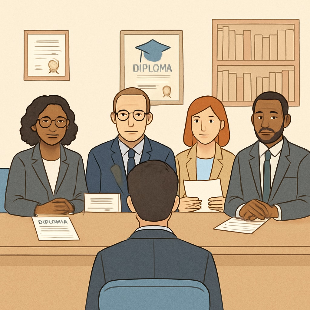 A professional setting showcasing a job interview panel evaluating candidates, emphasizing educational credentials. A job interview panel assessing candidates' educational qualifications.