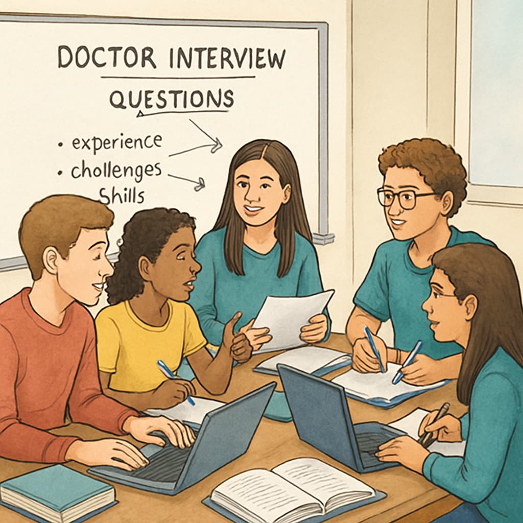 High school students preparing for a doctor interview as part of school projects.