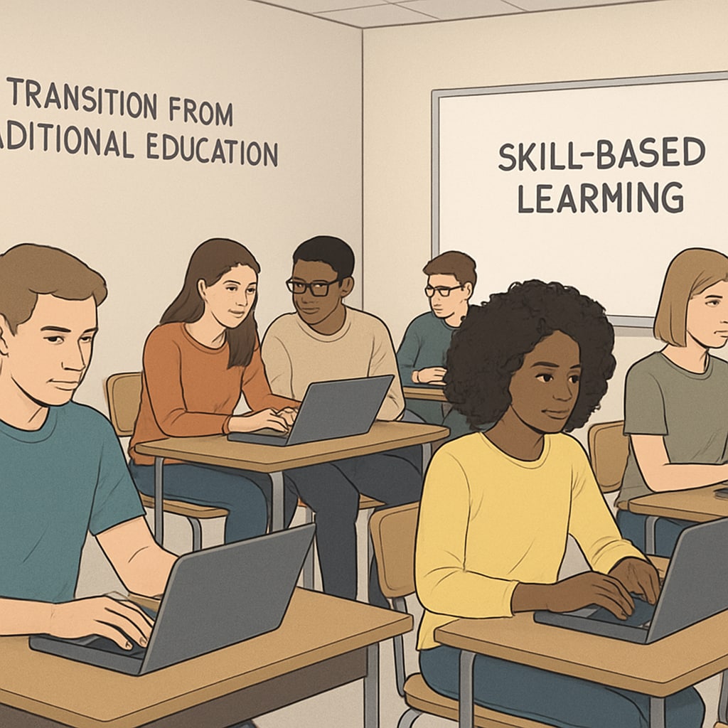 A modern classroom with students working on laptops, symbolizing the transition from traditional education to skill-based learning. A classroom setting illustrating the shift from traditional academic education to skill-based learning.