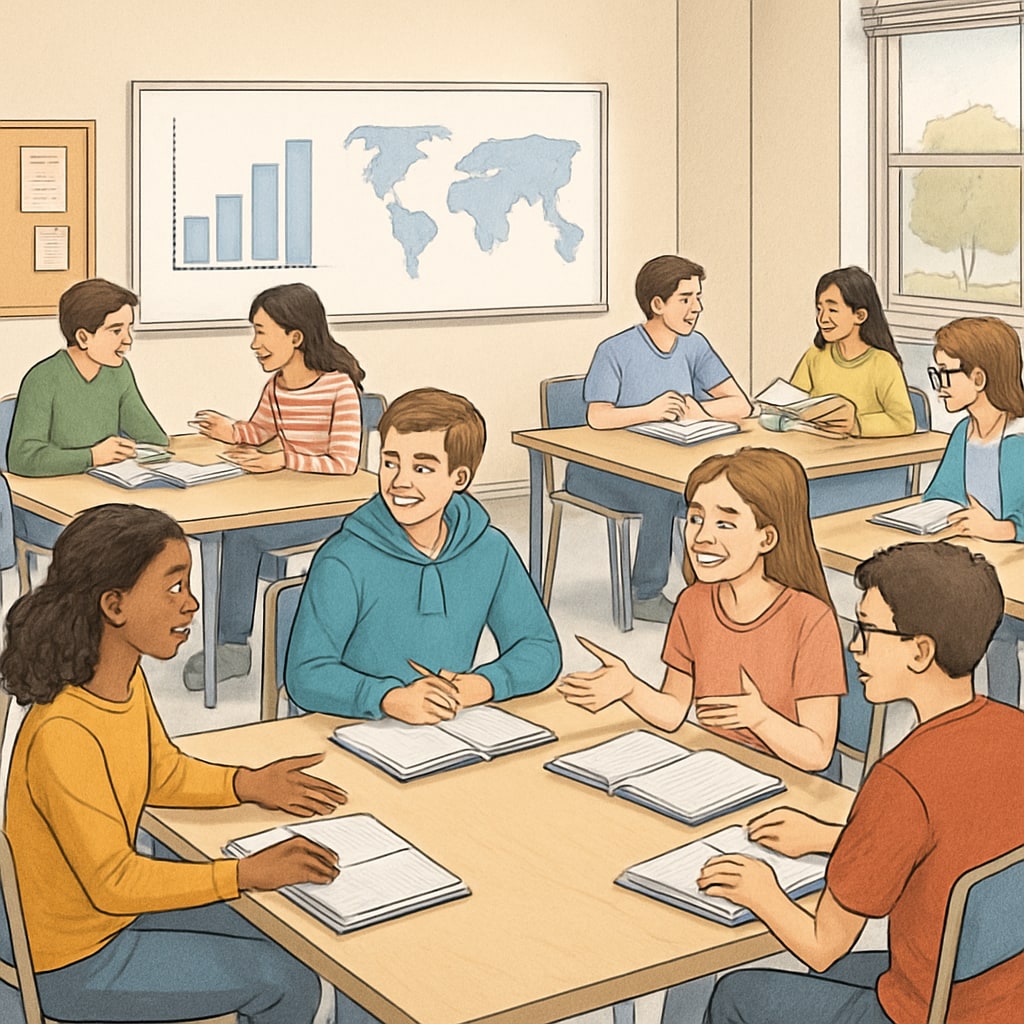 A classroom environment where students are actively engaged in group discussions, showcasing an alternative to traditional lecture methods. Students participating in interactive group discussions as a solution to boredom.