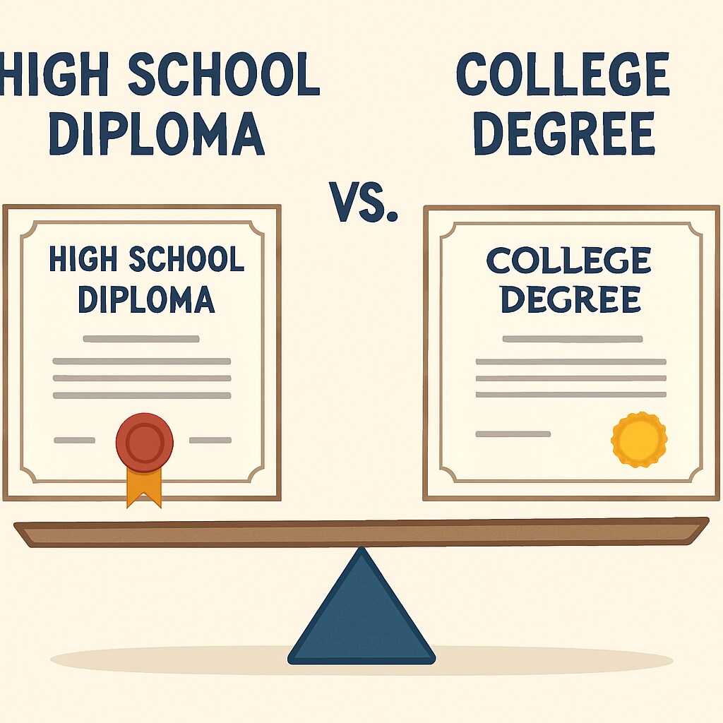 A visual comparison of a high school diploma and a college degree, symbolizing the disconnect in their perceived value. Comparison of high school diploma and college degree value in employment.