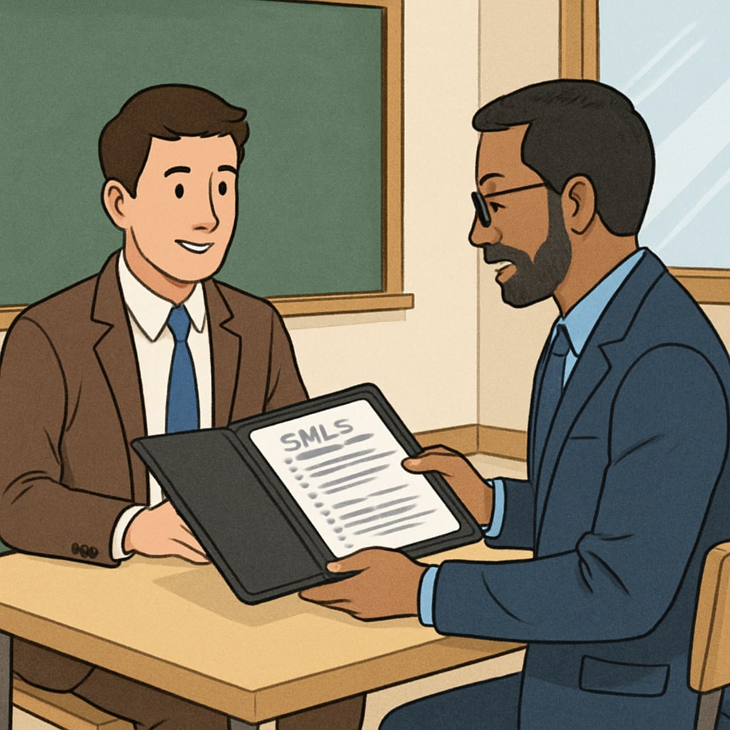 A job interview setting where the employer appears to focus on the candidate’s portfolio, emphasizing skills over formal qualifications. A job interview scene highlighting the importance of skills over academic degrees.
