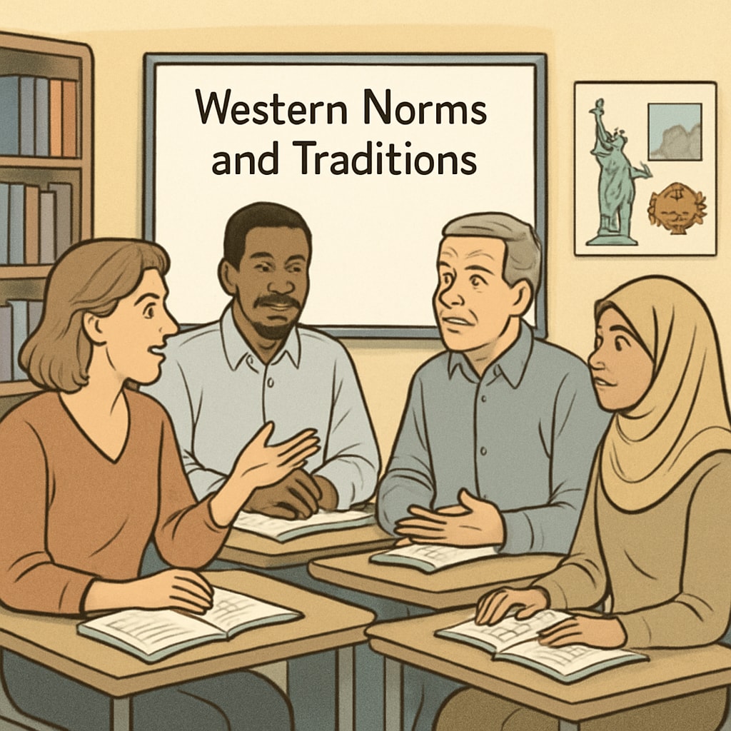 A group of adult learners in a cultural education class, participating in a discussion about Western norms and traditions. Adult learners discussing Western cultural norms in a classroom setting.