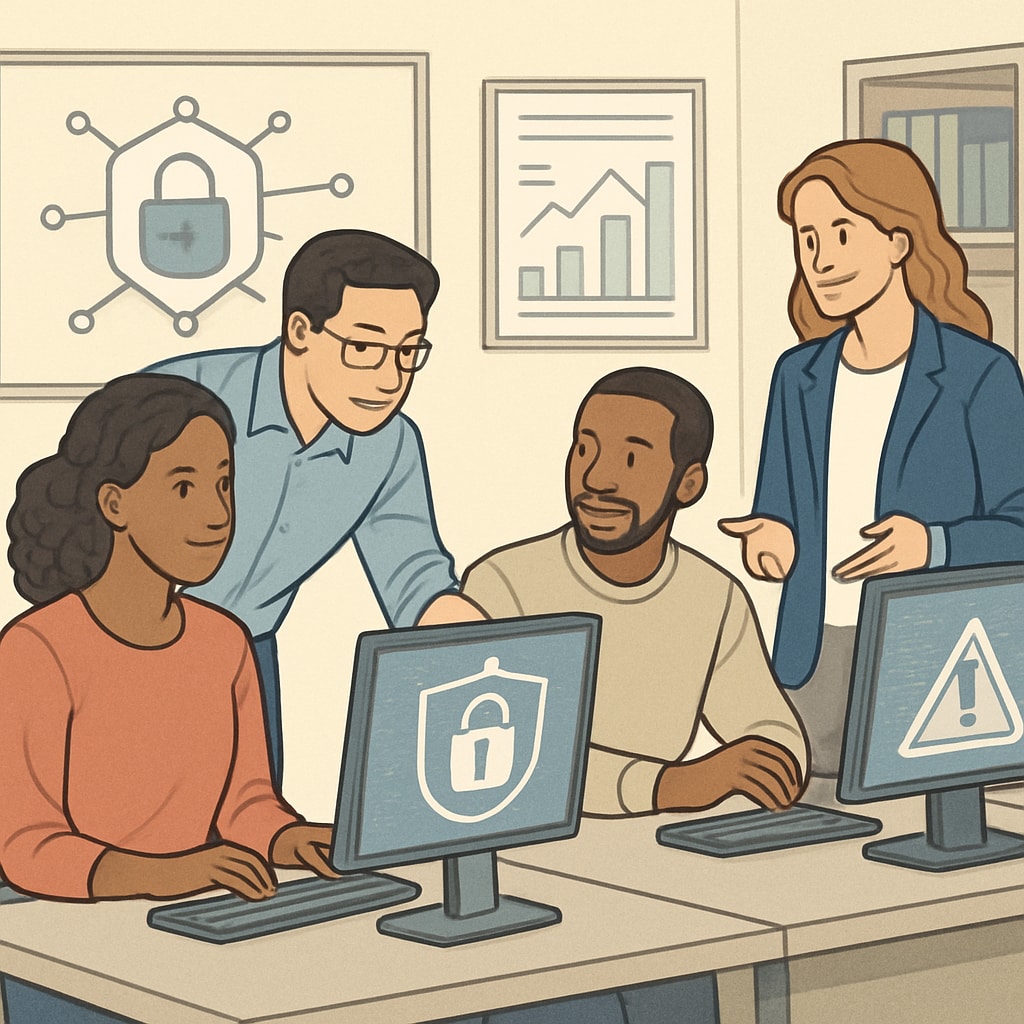 A group of cybersecurity professionals working in an office environment, symbolizing career opportunities in the field Cybersecurity professionals collaborating in an office