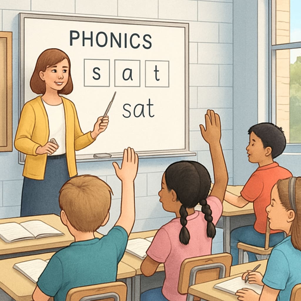 A classroom featuring students practicing phonics with a teacher guiding them. Phonics instruction classroom with teacher and students