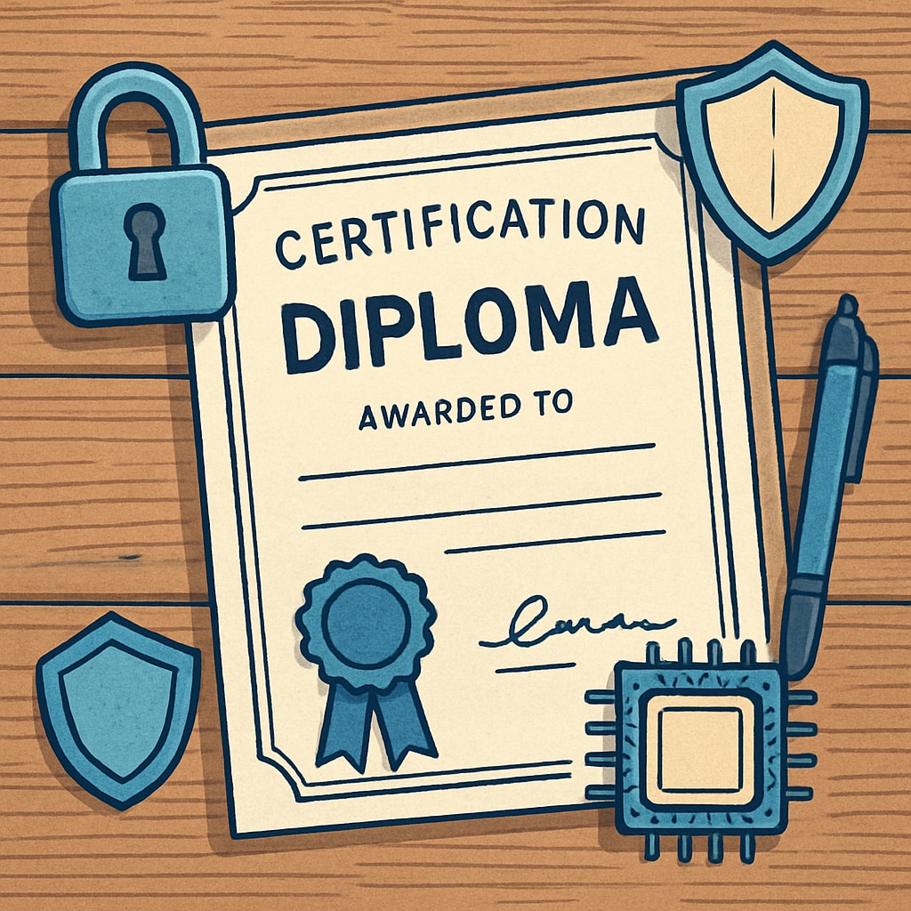 A certification diploma on a desk, illustrating the importance of industry-recognized credentials in cybersecurity Certification diploma representing cybersecurity qualifications
