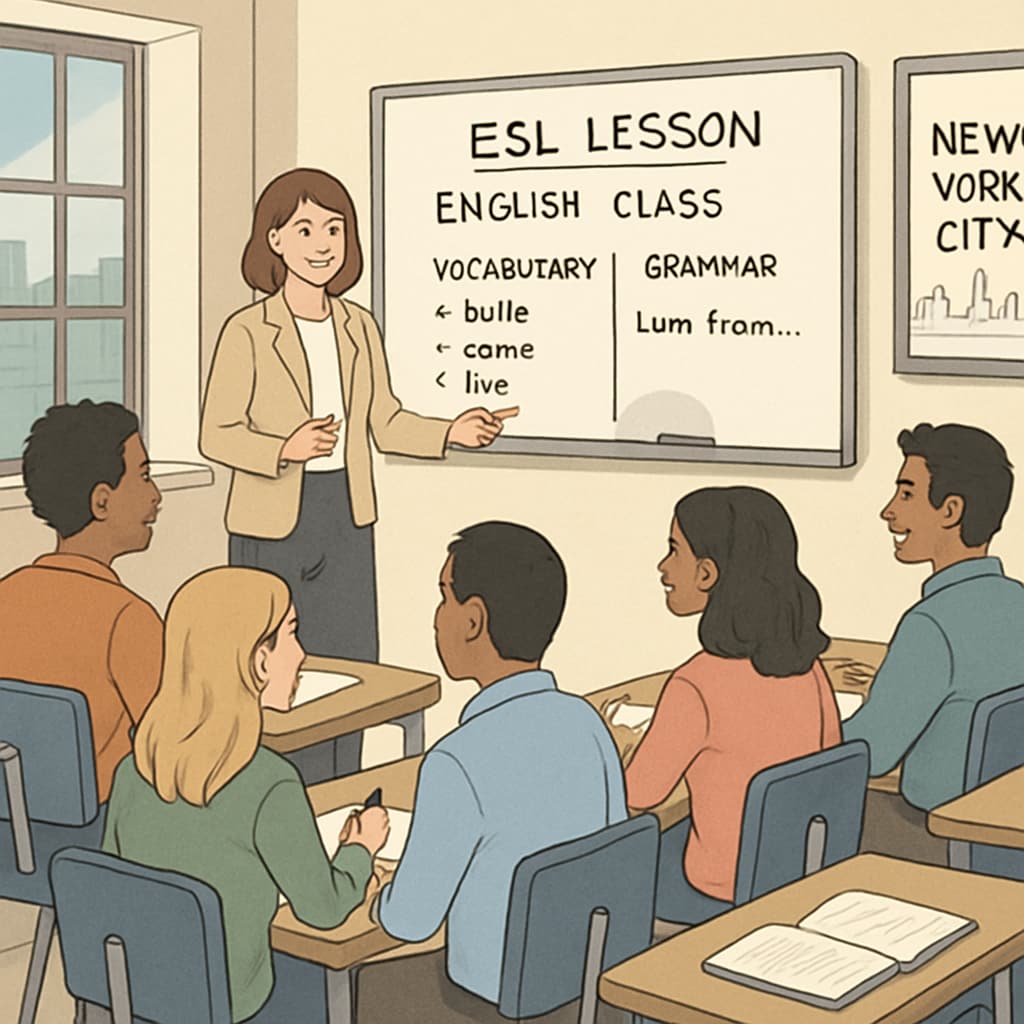 A diverse group of adult learners attending an ESL class in New York City, with a teacher presenting on a whiteboard to support immigrant education. ESL class with adult learners focused on language and cultural adaptation.