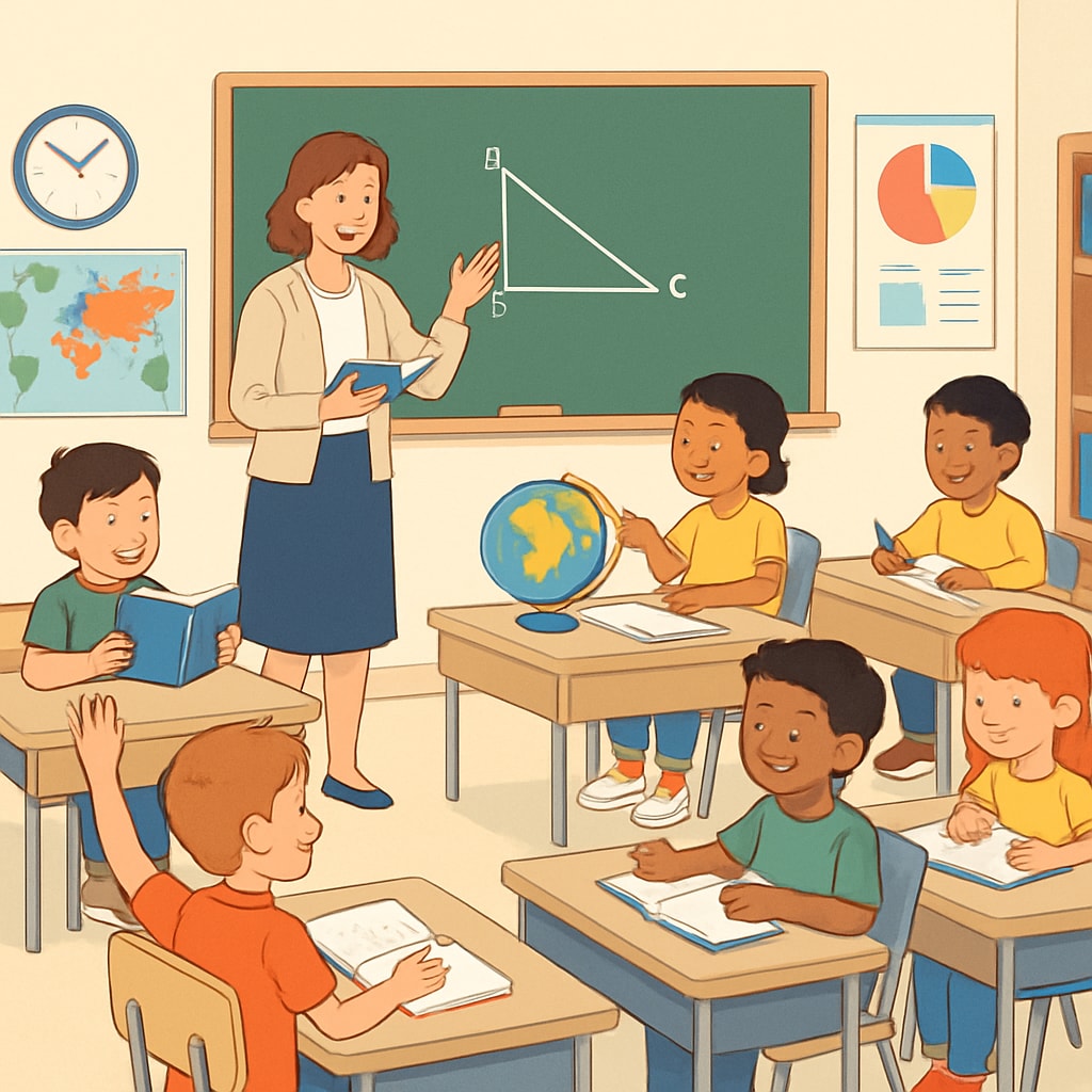 A cheerful elementary school classroom with students actively engaged in learning and a teacher providing instruction. Public school classroom with an engaged teacher and students.