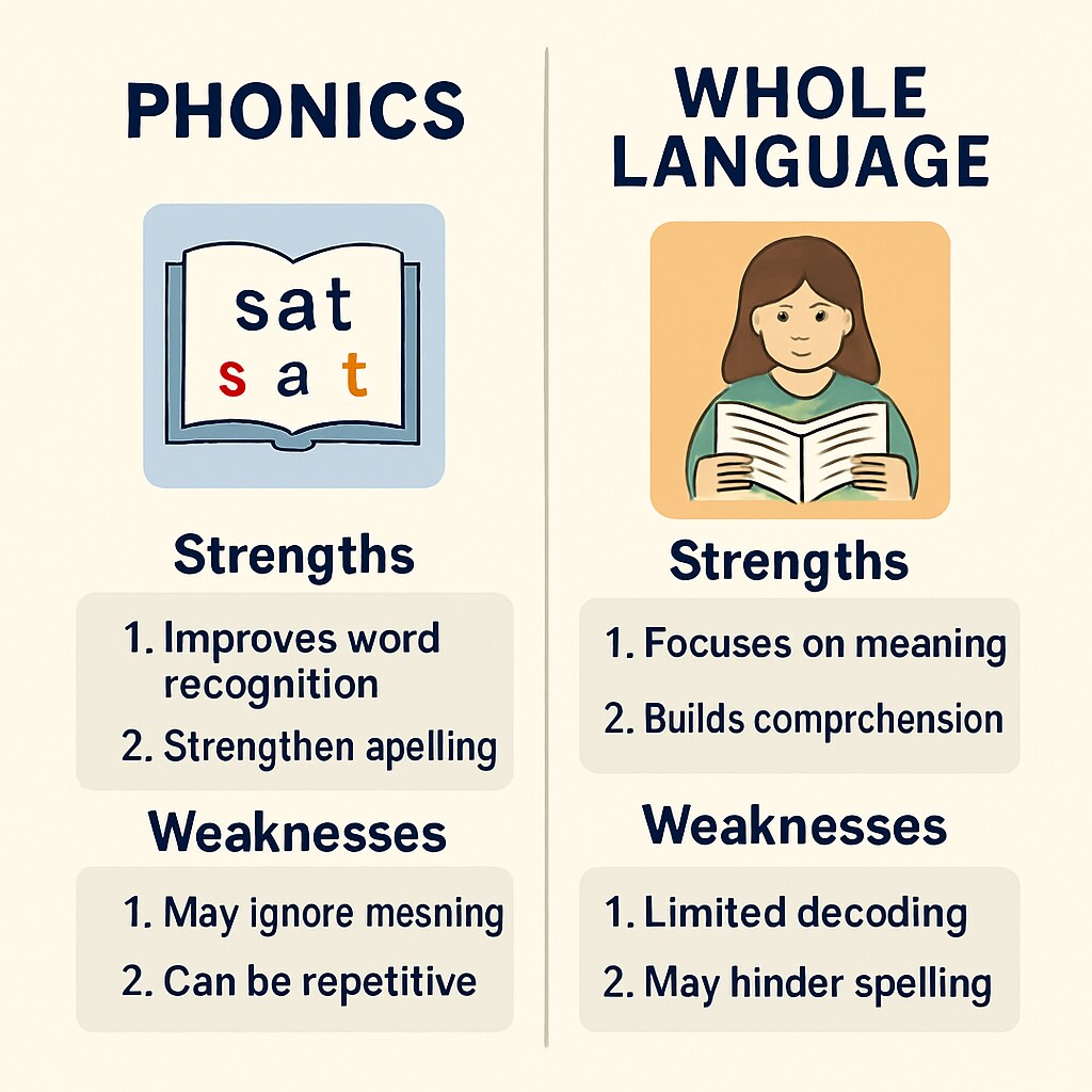 A chart comparing phonics and whole language methods, highlighting their strengths and weaknesses. Comparison chart of phonics and whole language reading methods