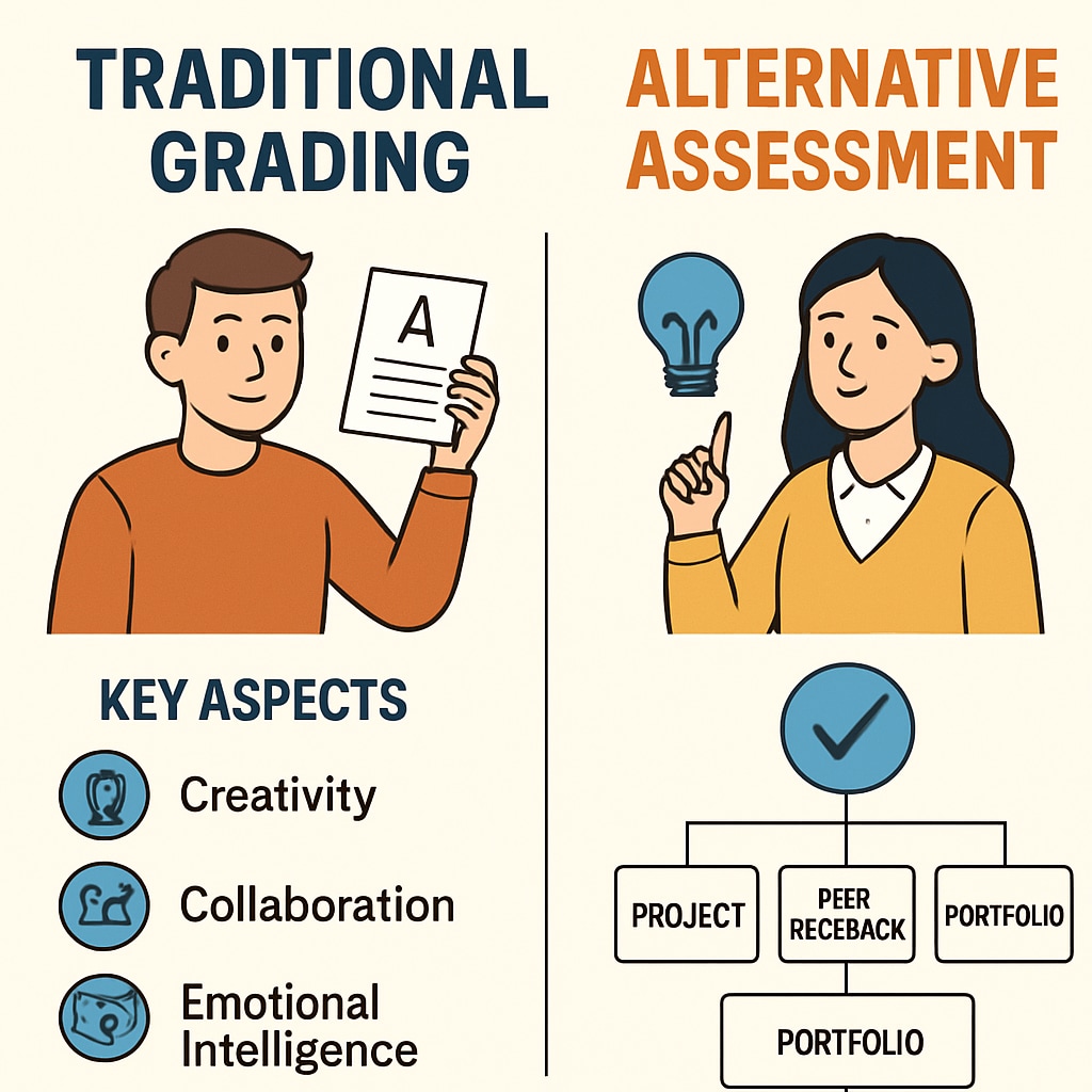 An infographic comparing traditional grading systems with alternative assessment models, highlighting creativity, collaboration, and emotional intelligence. Traditional grading vs alternative assessment models infographic