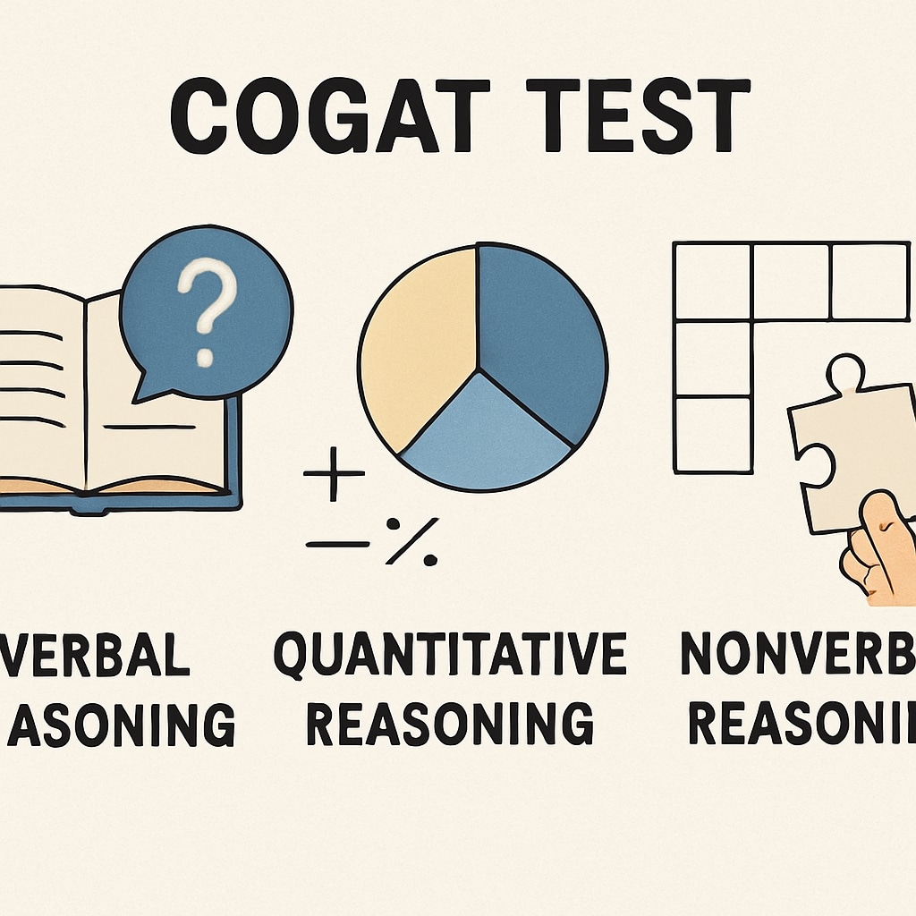 A visual breakdown of CogAT’s three main sections: verbal, quantitative, and non-verbal reasoning. CogAT reasoning sections in children’s talent assessment