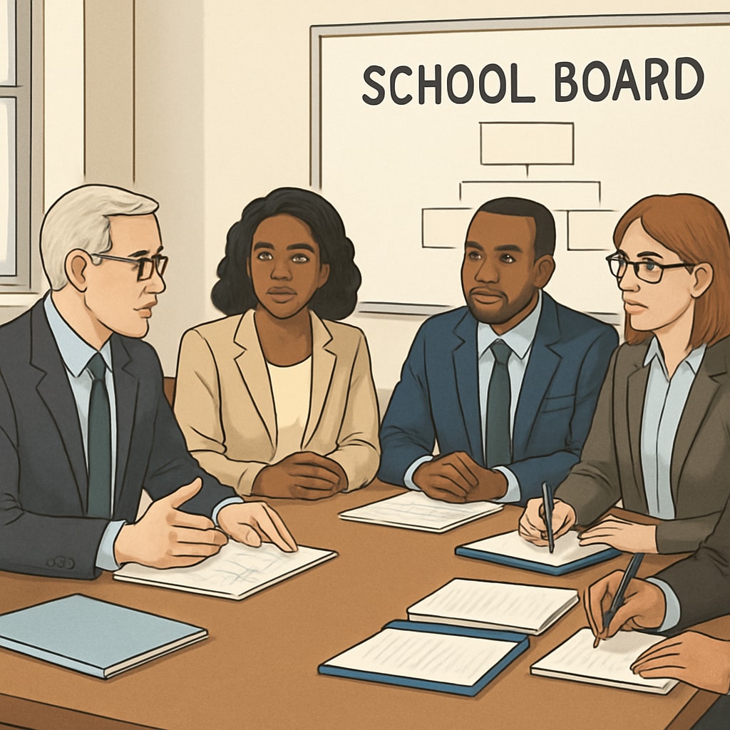 A group of diverse school board members discussing governance strategies in a meeting room. School board members discussing governance strategies for education reform.