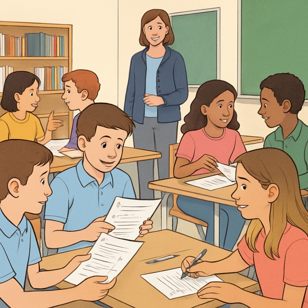 A classroom setting featuring students engaged in peer-assessment activities, promoting collaborative learning. Students collaborating in a peer-assessment activity
