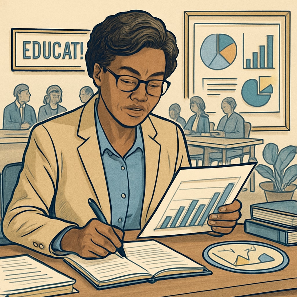 A school board member analyzing education data charts during a strategic planning session. School board member reviewing data for governance effectiveness in education.