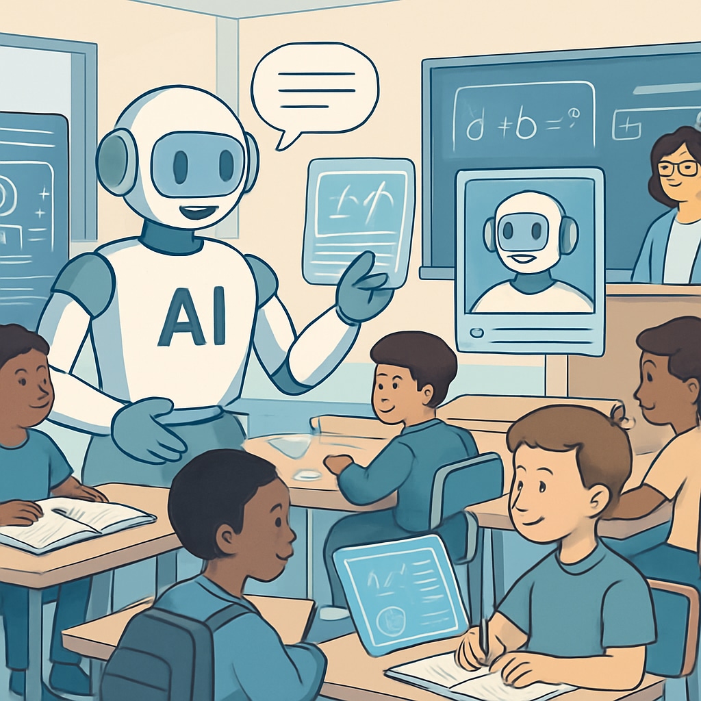 An illustration showing AI-powered tutoring systems interacting with diverse students in a futuristic classroom setting. AI-powered tutoring systems in a futuristic classroom