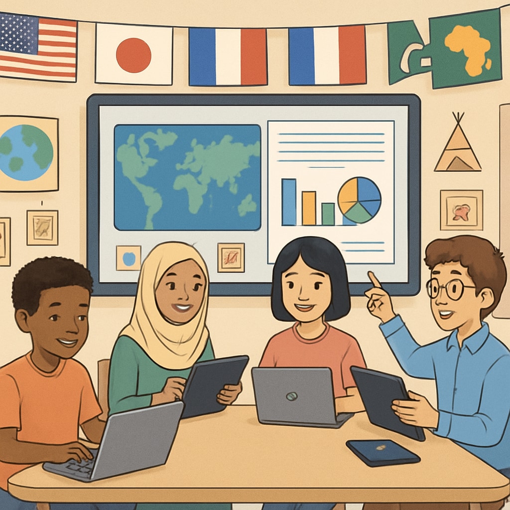 A digitally connected classroom with students from multiple countries engaging in a shared virtual project. Students from different countries in a virtual classroom
