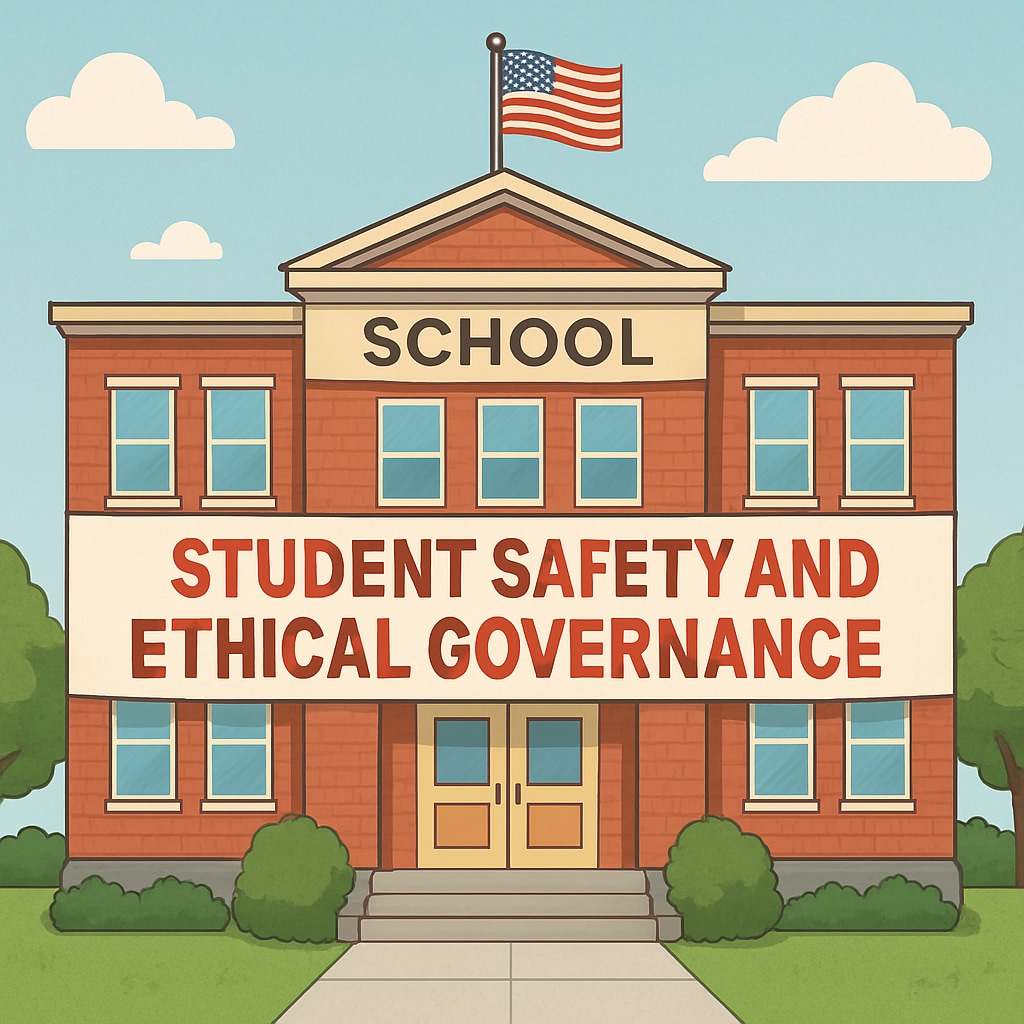 A school building with a banner advocating for student safety and ethical governance. A school advocating for safety and ethical leadership in governance.