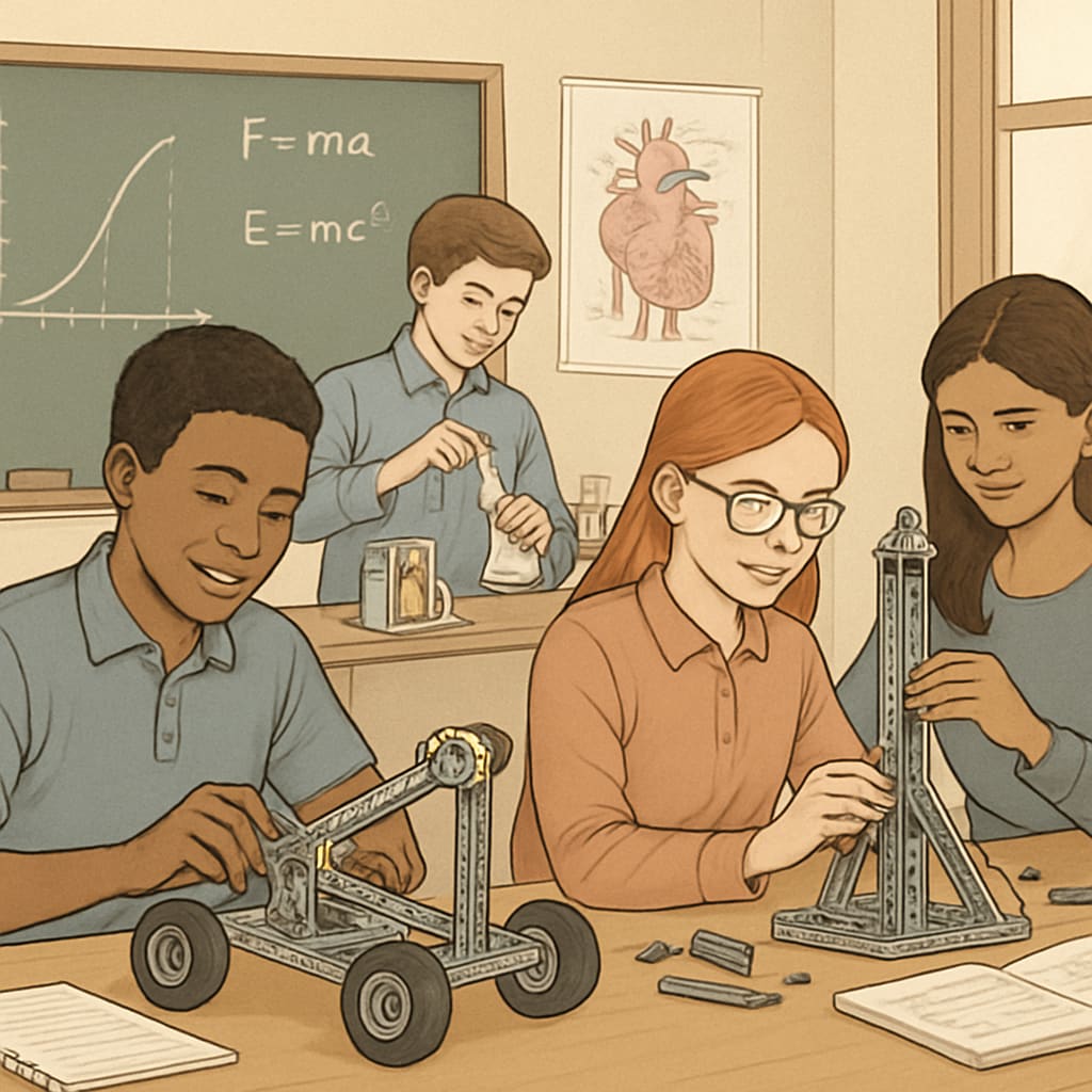 A classroom of students engaged in STEM activities, emphasizing the need for academic rigor and preparation for higher education. K12 classroom focused on STEM activities to meet higher education demands.