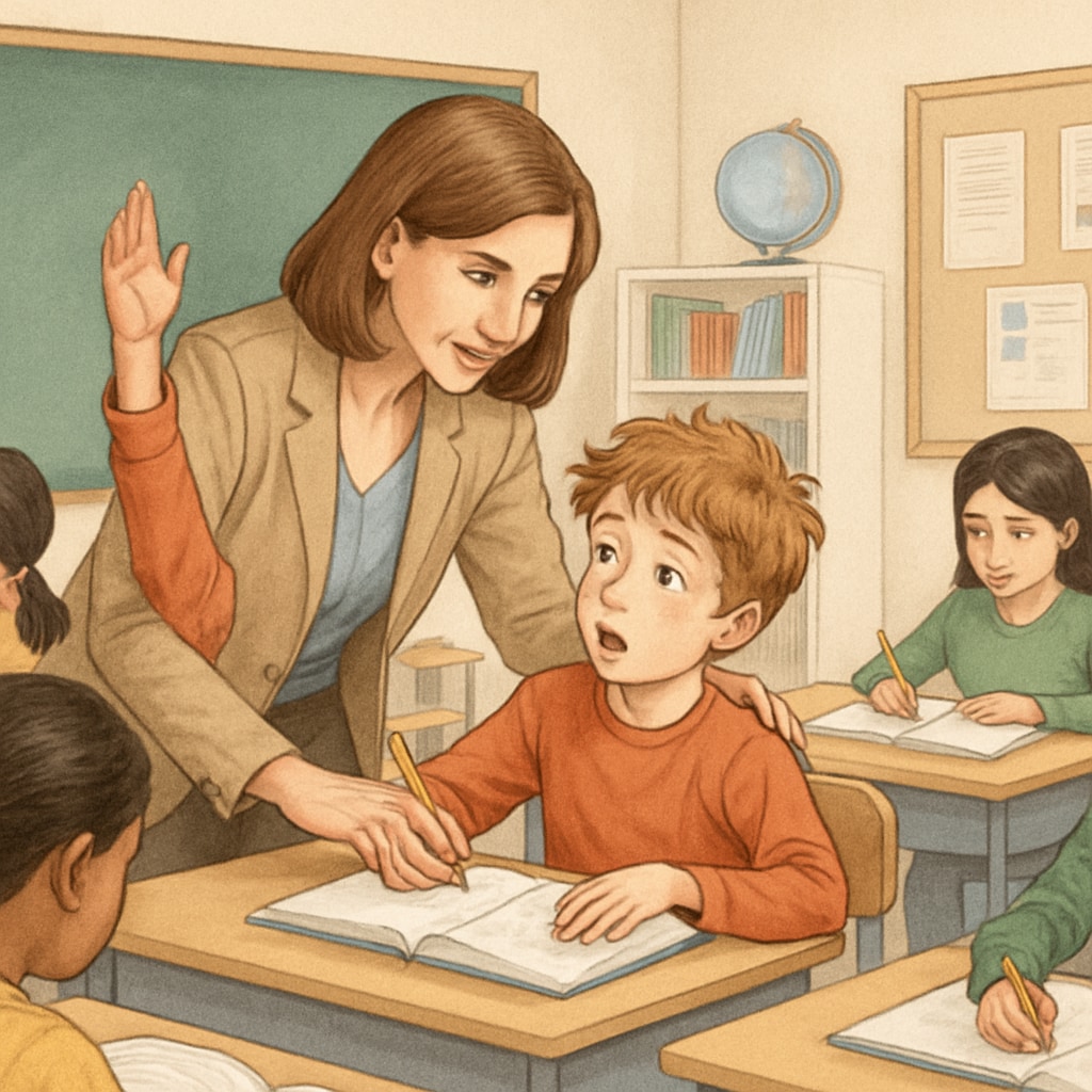 A classroom setting where a teacher is engaging with students of diverse learning needs, including a child displaying ADHD traits. Classroom with diverse learners, including ADHD students in gifted programs.